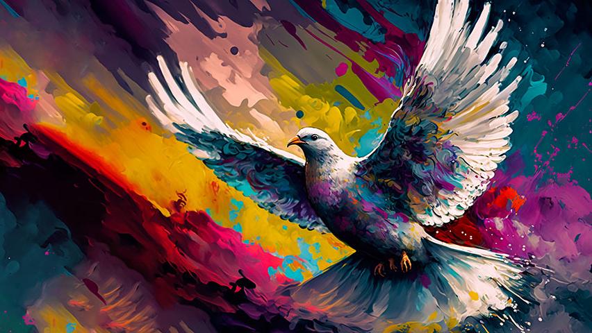 Artistic rendering of a dove flying with colorful background